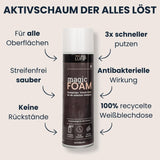 Magic Foam Reinigungsschaum von LUFIP in einer Weißblechdose, umgeben von Produktvorteilen: Für alle Oberflächen, streifenfrei sauber, keine Rückstände, 3x schneller putzen, antibakterielle Wirkung, 100 % recycelte Weißblechdose.