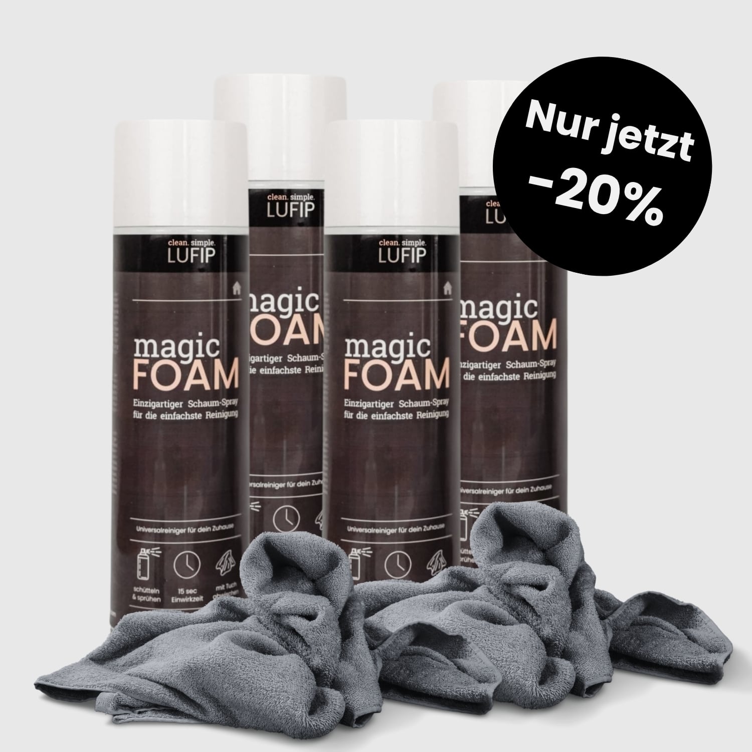 Unser Bestseller jetzt im Bundle: Magic Foam 4er Pack + Mikrofasertücher –20% nur zum Black Friday! Aktivschaum für die einfachste Reinigung. Vorrat sichern!