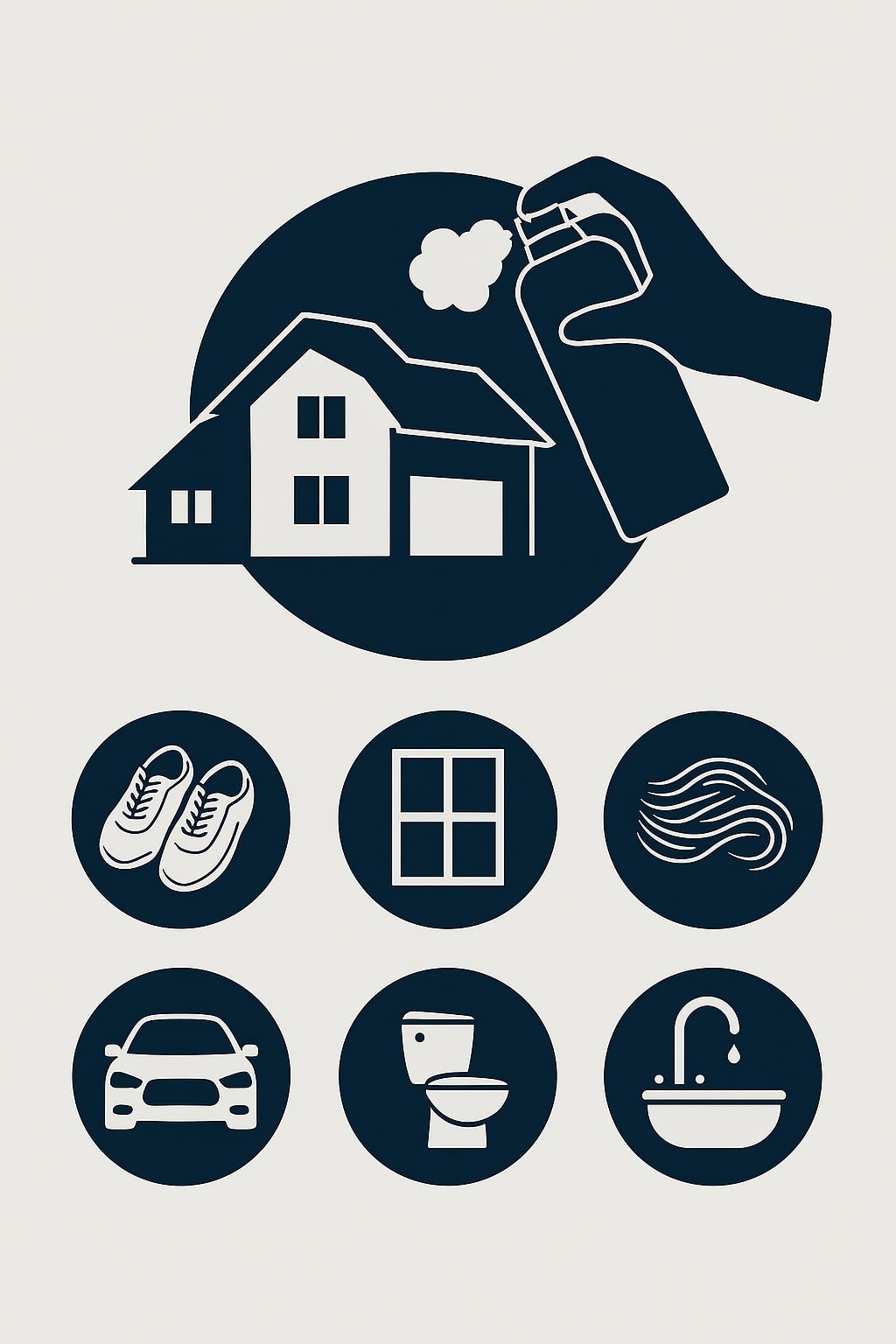 Illustration eines Reinigungssprays, das auf ein Haus angewendet wird – steht sinnbildlich für die ganzheitliche Haushaltsreinigung. Darunter Piktogramme für Schuhe, Fenster, Haare im Abfluss, Auto, Toilette und Waschbecken. Zeigt die Vielseitigkeit von Magic Foam im gesamten Zuhause.

