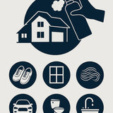 Illustration eines Reinigungssprays, das auf ein Haus angewendet wird – steht sinnbildlich für die ganzheitliche Haushaltsreinigung. Darunter Piktogramme für Schuhe, Fenster, Haare im Abfluss, Auto, Toilette und Waschbecken. Zeigt die Vielseitigkeit von Magic Foam im gesamten Zuhause.

