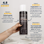Magic Foam Reinigungsschaum mit 4,8 Sterne Bewertung von über 20.000 Kundinnen. Kundenmeinungen loben die einfache Anwendung und starke Reinigung von Fett, Öl und Schmutz.