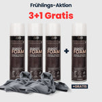Magic Foam Frühlings-Aktion mit 3+1 Gratis Angebot. Vier Dosen Magic Foam Reinigungsschaum mit Mikrofasertüchern für streifenfreie Reinigung von Küche, Bad, Fenstern und Spiegeln.