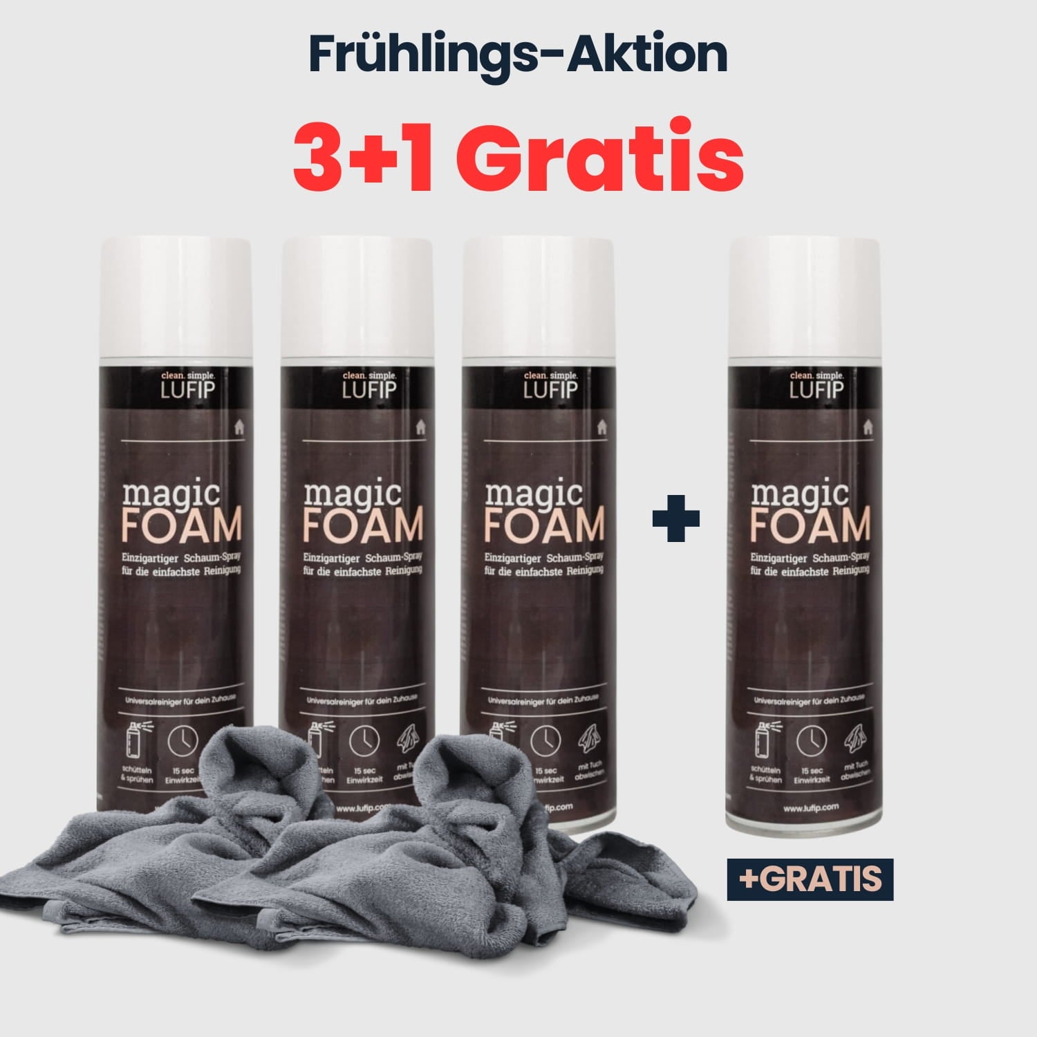 Magic Foam Frühlings-Aktion mit 3+1 Gratis Angebot. Vier Dosen Magic Foam Reinigungsschaum mit Mikrofasertüchern für streifenfreie Reinigung von Küche, Bad, Fenstern und Spiegeln.