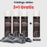 Magic Foam Frühlings-Aktion mit 3+1 Gratis Angebot. Vier Dosen Magic Foam Reinigungsschaum mit Mikrofasertüchern für streifenfreie Reinigung von Küche, Bad, Fenstern und Spiegeln.