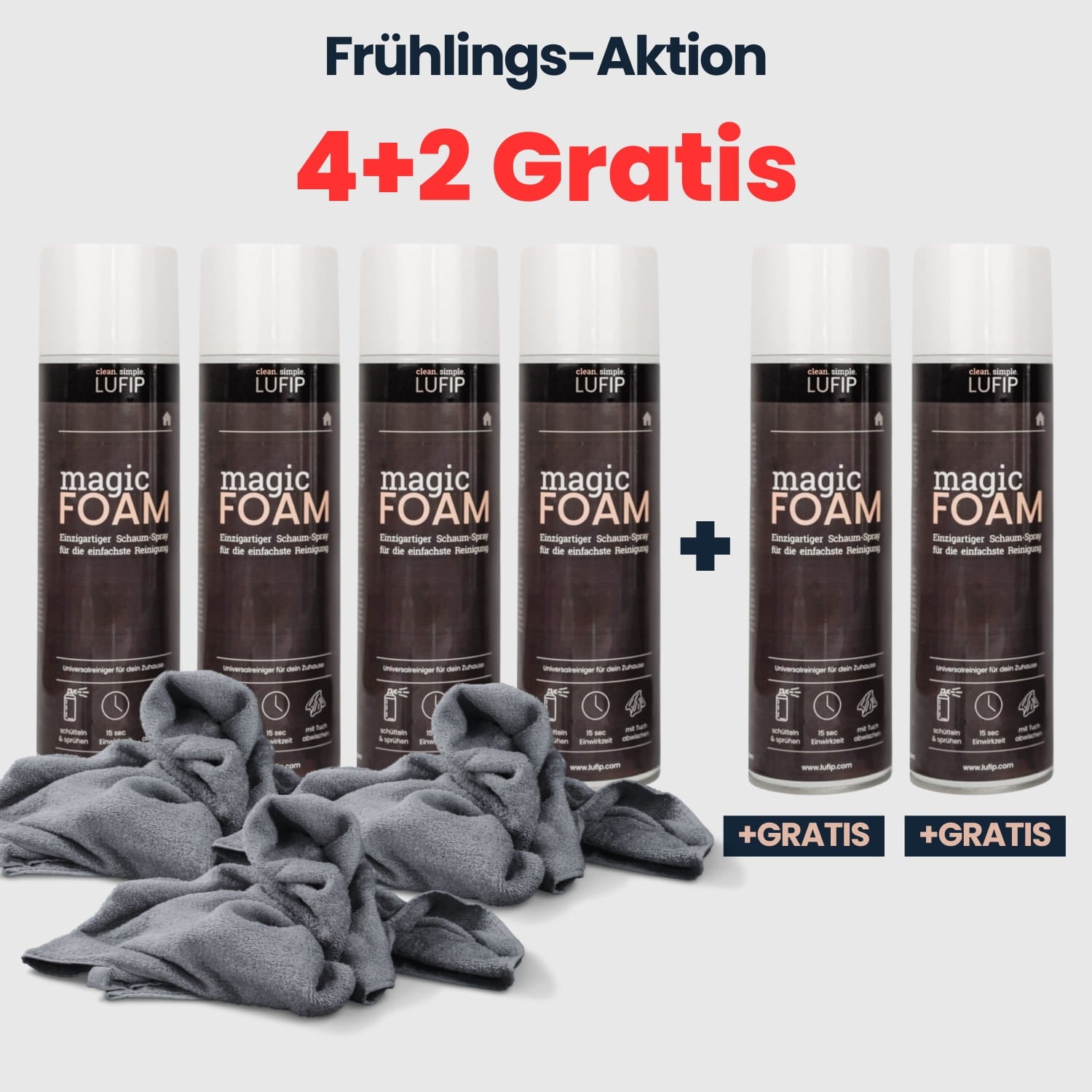 Magic Foam Frühlings-Aktion mit 4+2 Gratis Angebot. Sechs Dosen Magic Foam Aktivschaum zur Reinigung von Fett, Schmutz und Fingerabdrücken auf vielen Oberflächen im Haushalt.