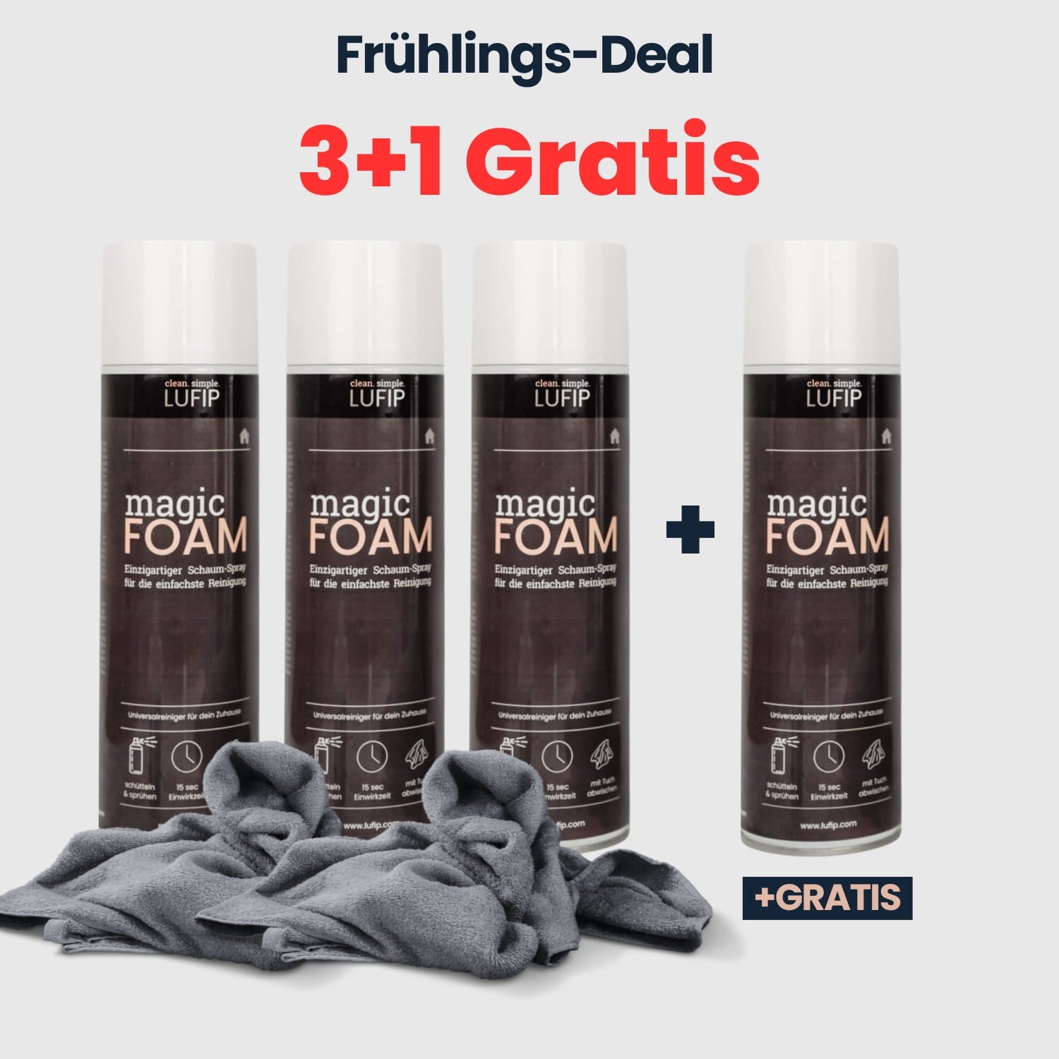 Magic Foam Frühlings-Deal mit 3+1 Gratis Angebot. Vier Dosen Magic Foam Reinigungsschaum mit Mikrofasertüchern für streifenfreie Reinigung von Küche, Bad, Fenstern und Spiegeln.