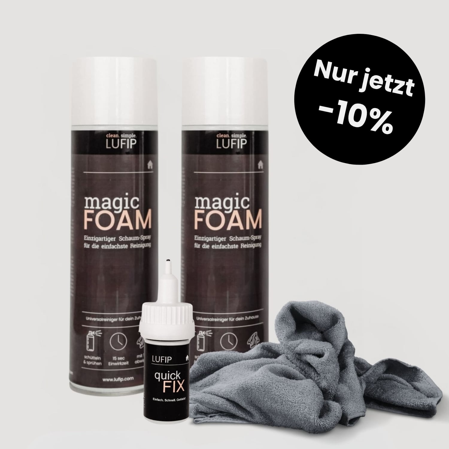 Unser Haushalts-Set: 2× Magic Foam + QuickFix + Tuch – alles für die einfachste Reinigung. Jetzt –10% nur zum Black Friday! Haftender Aktivschaum, schnelle Wirkung, brillante Ergebnisse.