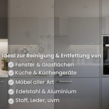 Magic Foam entfernt Fingerabdrücke, Fett und Schmutz von Möbeloberflächen, Glasflächen und Küchenfronten. Aktivschaum haftet auf der Oberfläche und reinigt streifenfrei.
