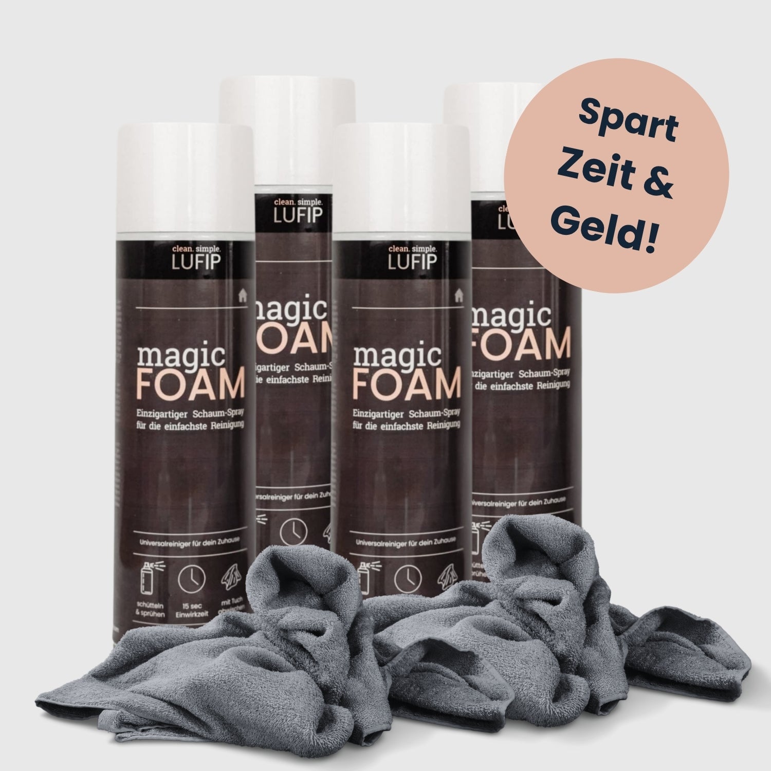 Magic Foam Basis Set: 4x Power-Schaum für dein Zuhause! 💪 Reinigt blitzschnell, streifenfrei & mühelos – auf allen Oberflächen. Spare bares Geld & erhalte dein gratis Magic Towel im Set! 🧽✨