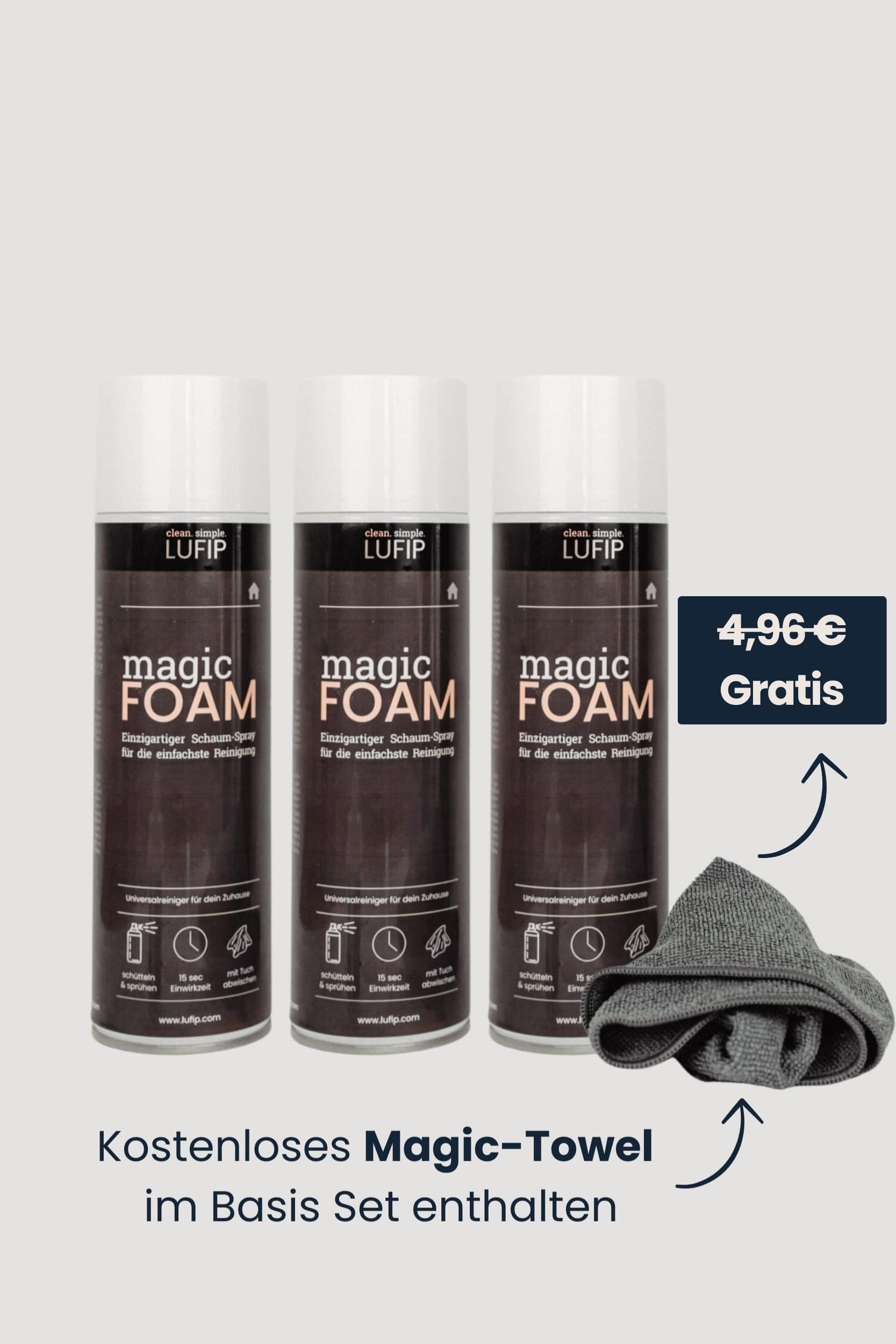Magic Foam Set: 3x Magic Foam Dosen mit GRATIS Magic-Towel – Universeller Schaumreiniger für schlierenfreie Oberflächen. Perfekt für Glas, Spiegel, Küche und Bad.
