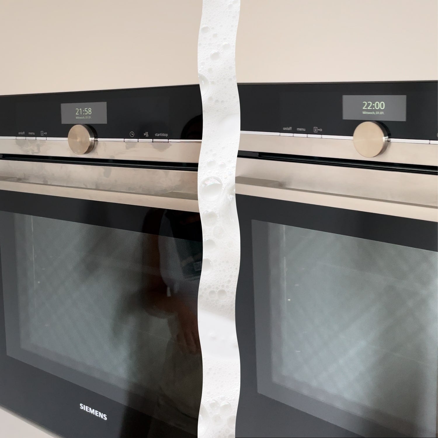 Backofenfront Vorher-Nachher Reinigung – Eingebrannte Flecken und Schlieren links, rechts saubere glänzende Oberfläche nach Magic Foam.