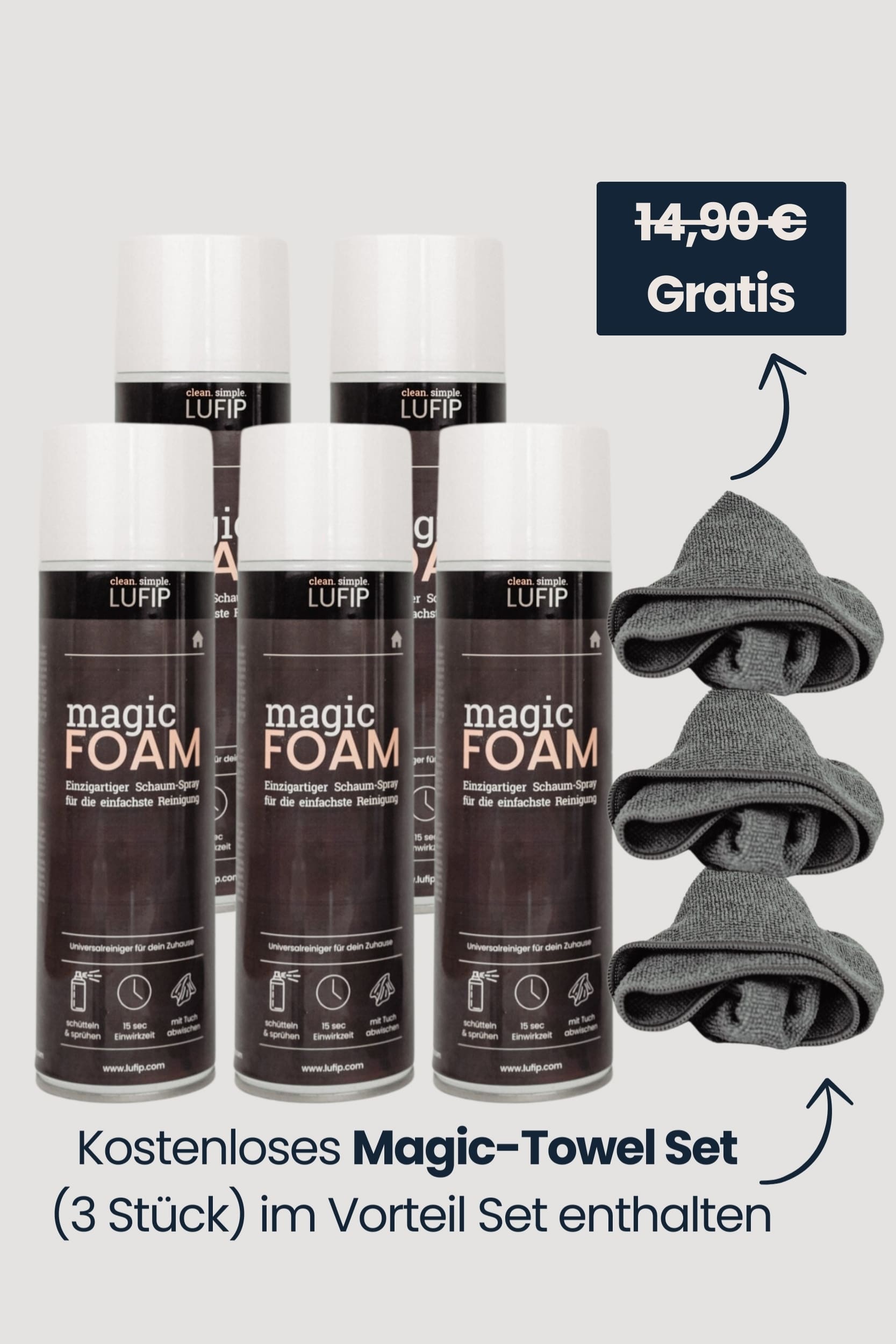 Magic Foam Vorteil Set: 5x Magic Foam Dosen + GRATIS Magic-Towel Set (3 Stück) – Perfektes Reinigungsset für streifenfreie Ergebnisse auf Glas, Spiegel, Küche und Bad.