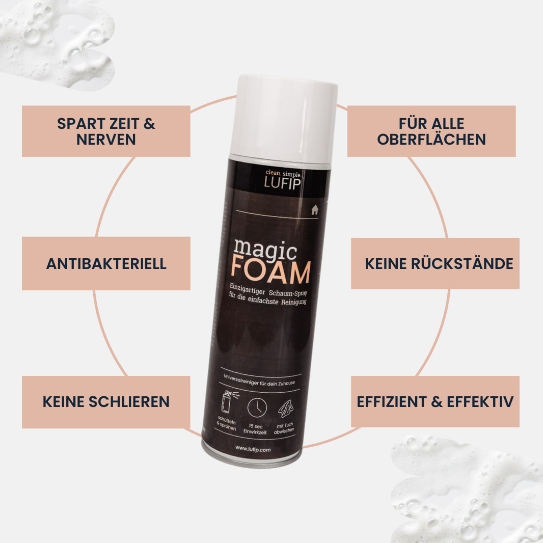 Magic Foam von LUFIP mit Vorteilen wie antibakteriell, keine Schlieren, rückstandsfrei und zeitsparend. Der perfekte Reiniger für alle Oberflächen.
