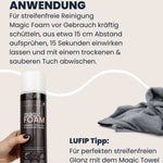 Anleitungsgrafik mit Überschrift „Anwendung“ und Text zur streifenfreien Reinigung; unten links hält eine Hand die LUFIP Magic Foam Spraydose, unten rechts liegt ein graues Mikrofasertuch (Magic Towel).