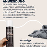 Anleitungsgrafik mit Überschrift „Anwendung“ und Text zur streifenfreien Reinigung; unten links hält eine Hand die LUFIP Magic Foam Spraydose, unten rechts liegt ein graues Mikrofasertuch (Magic Towel).