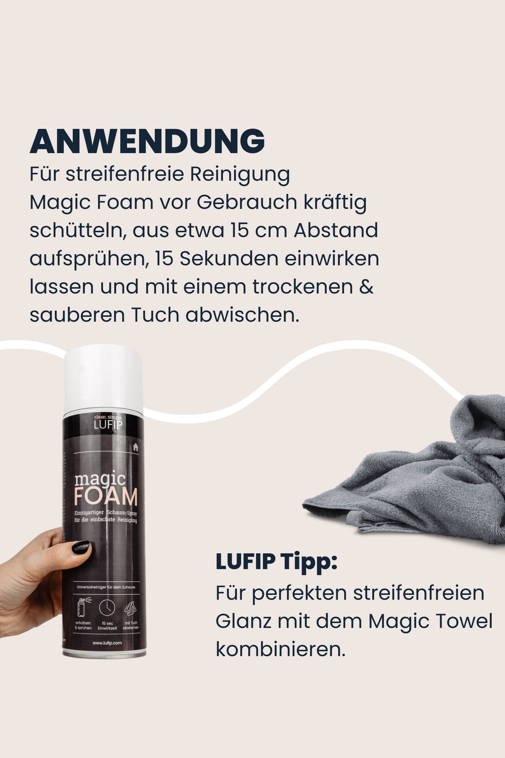 Anleitungsgrafik mit Überschrift „Anwendung“ und Text zur streifenfreien Reinigung; unten links hält eine Hand die LUFIP Magic Foam Spraydose, unten rechts liegt ein graues Mikrofasertuch (Magic Towel).