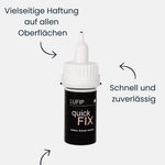 Quick Fix Superkleber: Grafische Darstellung der vielseitigen Haftung, Schnelligkeit und Zuverlässigkeit. Einhand-Anwendung in Szene gesetzt.