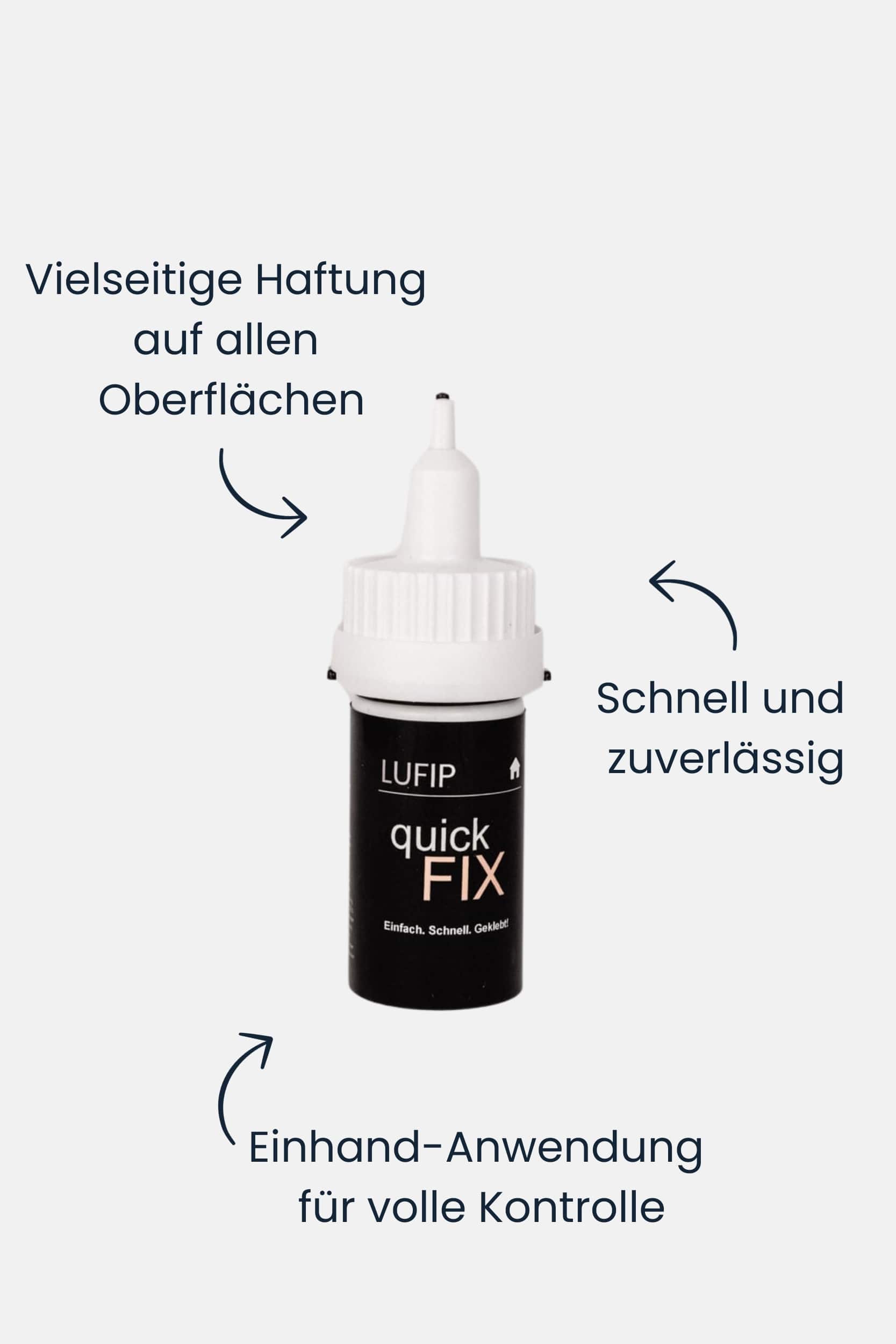 Quick Fix Superkleber: Grafische Darstellung der vielseitigen Haftung, Schnelligkeit und Zuverlässigkeit. Einhand-Anwendung in Szene gesetzt.