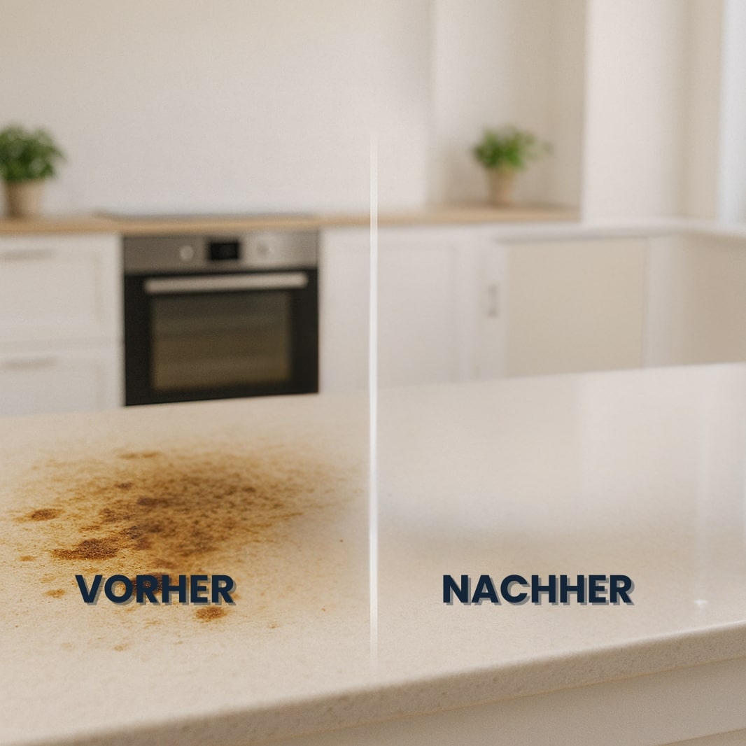 Verschmutzte Arbeitsplatte in der Küche wird mit Magic Foam mühelos gereinigt – sichtbarer Vorher-Nachher-Effekt.