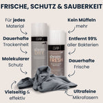 Grafische Darstellung des Schuh-Reinigungssets vor neutralem Hintergrund mit Bulletpoints. Vielseitige Reinigungslösungen für Schuhe. Enthält Always Fresh, Always Dry und Magic Towel für langanhaltende Sauberkeit und Frische.