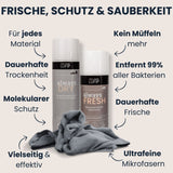 Grafische Darstellung des Schuh-Reinigungssets vor neutralem Hintergrund mit Bulletpoints. Vielseitige Reinigungslösungen für Schuhe. Enthält Always Fresh, Always Dry und Magic Towel für langanhaltende Sauberkeit und Frische.