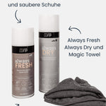 Grafische Darstellung des Schuh-Reinigungssets vor neutralem Hintergrund mit Bulletpoints. Vielseitige Reinigungslösungen für Schuhe. Enthält Always Fresh, Always Dry und Magic Towel für langanhaltende Sauberkeit und Frische.