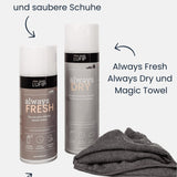 Grafische Darstellung des Schuh-Reinigungssets vor neutralem Hintergrund mit Bulletpoints. Vielseitige Reinigungslösungen für Schuhe. Enthält Always Fresh, Always Dry und Magic Towel für langanhaltende Sauberkeit und Frische.