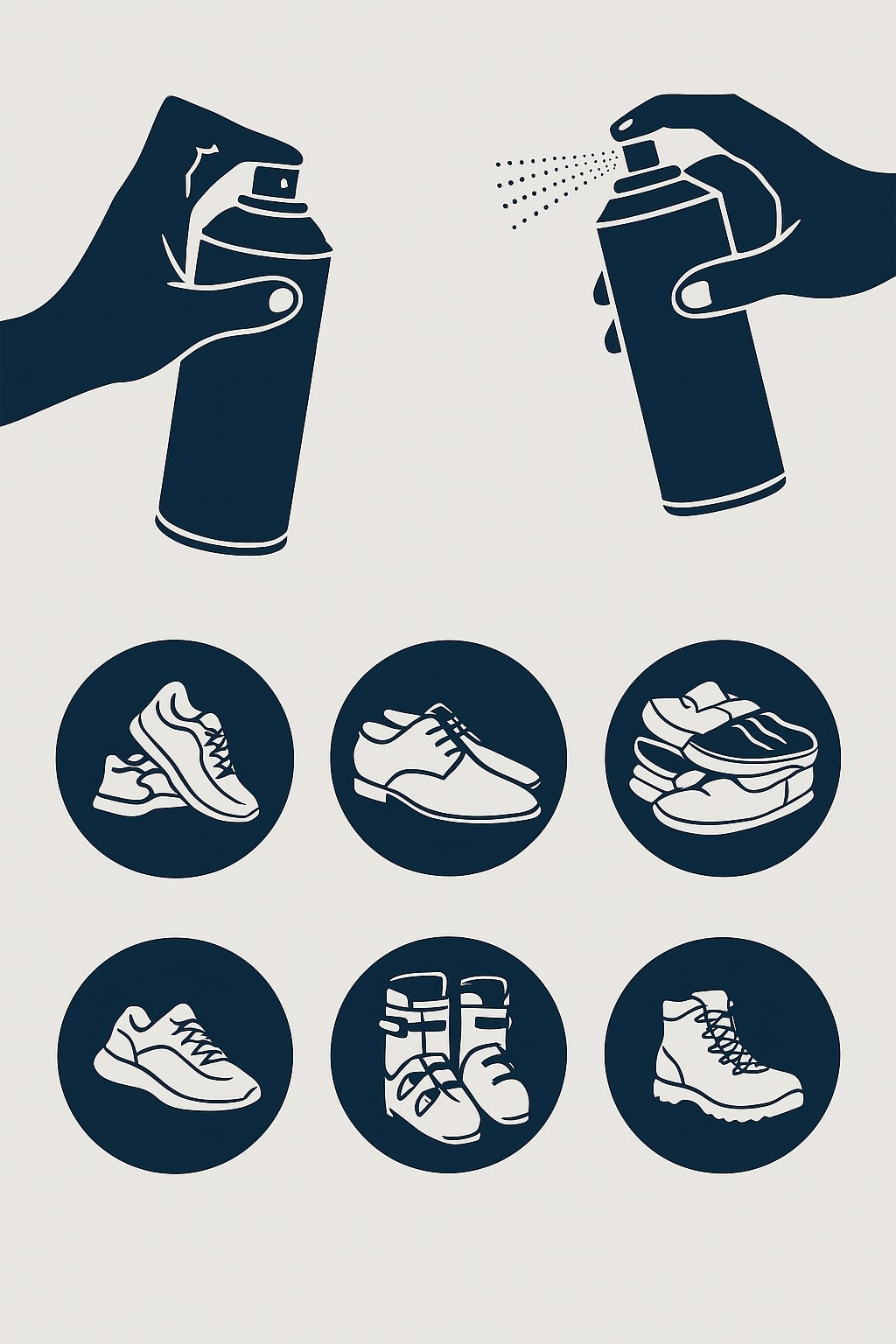 Grafik zur Anwendung eines Schuhsprays: Zwei Hände sprühen ein Spray auf verschiedene Schuharten. Darunter Symbole für Sneakers, Lederschuhe, Hausschuhe, Sportschuhe, Skischuhe und Wanderschuhe – stellvertretend für die vielseitige Anwendbarkeit zur Pflege und Geruchsneutralisierung.

