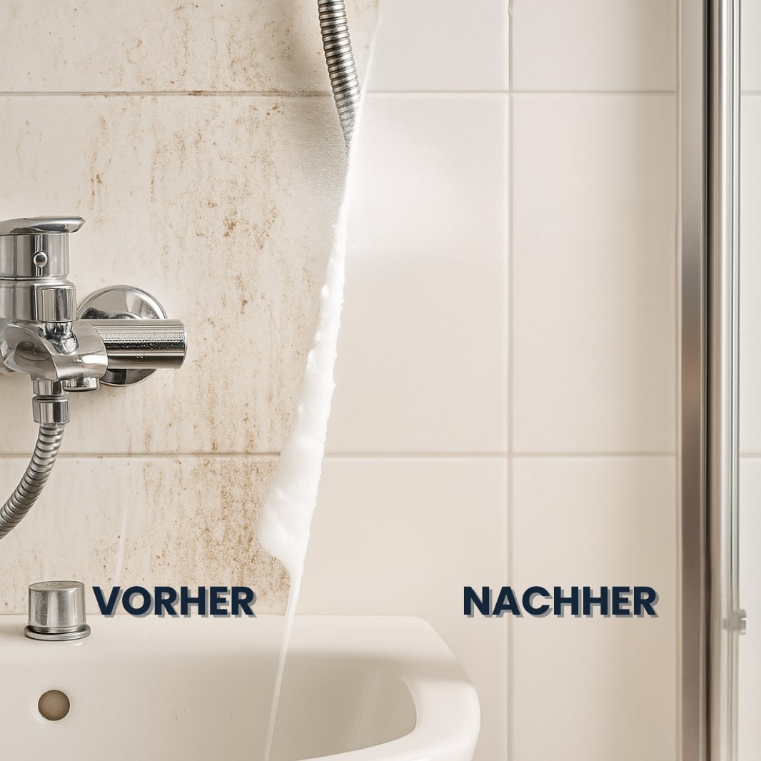Spiegel mit Wasserflecken und Streifen, nach Reinigung mit Magic Foam wieder glasklar – perfekte Sicht ohne Nachpolieren.