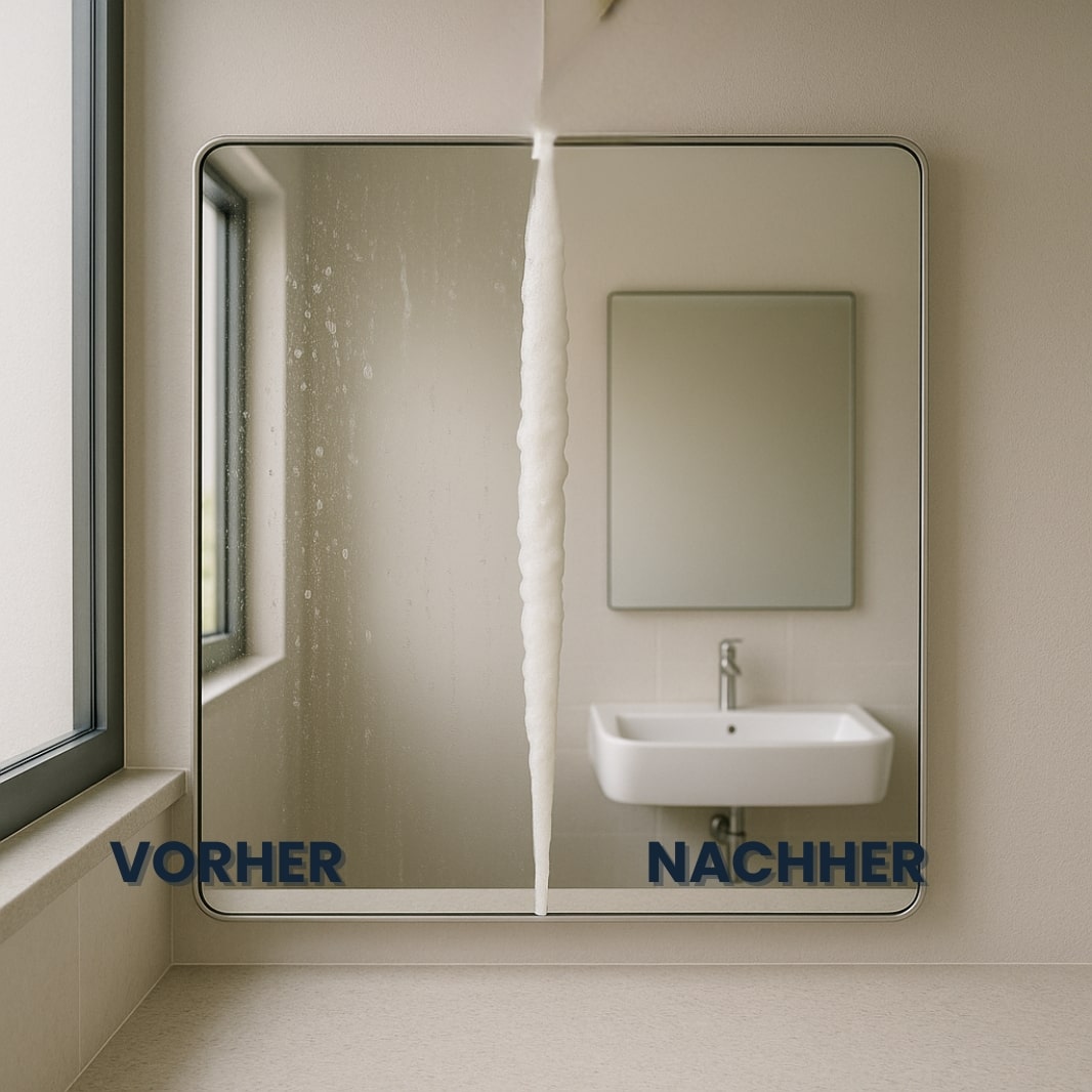 Hand wischt mit Magic Foam einen verschmierten Spiegel sauber – klare Sicht in Sekunden, keine Schlieren oder Rückstände.