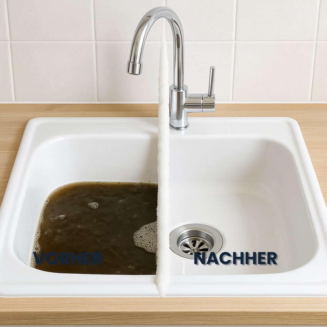 Schmutzwasser mit Essensresten in der Spüle – nach Anwendung von Drain Pearls wieder frei und sauber.