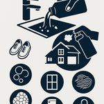 Icons zeigen die vielseitigen Einsatzbereiche des LUFIP Kennenlern-Sets: geeignet für Abflüsse, Küche, Bad, Fenster, Schuhe, Fliesen, Spiegel, Waschbecken, Toiletten und alle Oberflächen im Haushalt. Ideal für die komplette Reinigung – von Schaum bis Abfluss.