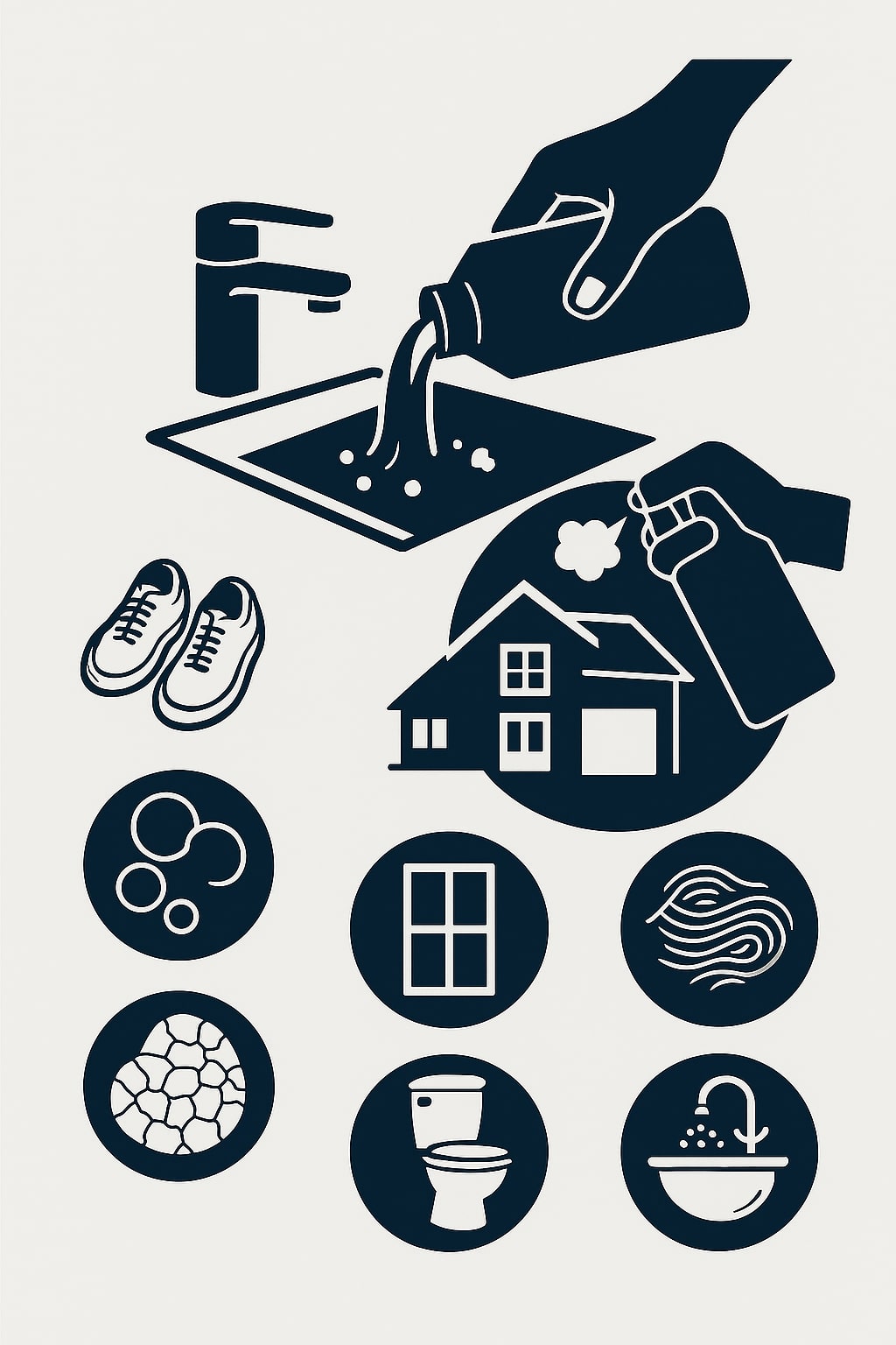 Icons zeigen die vielseitigen Einsatzbereiche des LUFIP Kennenlern-Sets: geeignet für Abflüsse, Küche, Bad, Fenster, Schuhe, Fliesen, Spiegel, Waschbecken, Toiletten und alle Oberflächen im Haushalt. Ideal für die komplette Reinigung – von Schaum bis Abfluss.