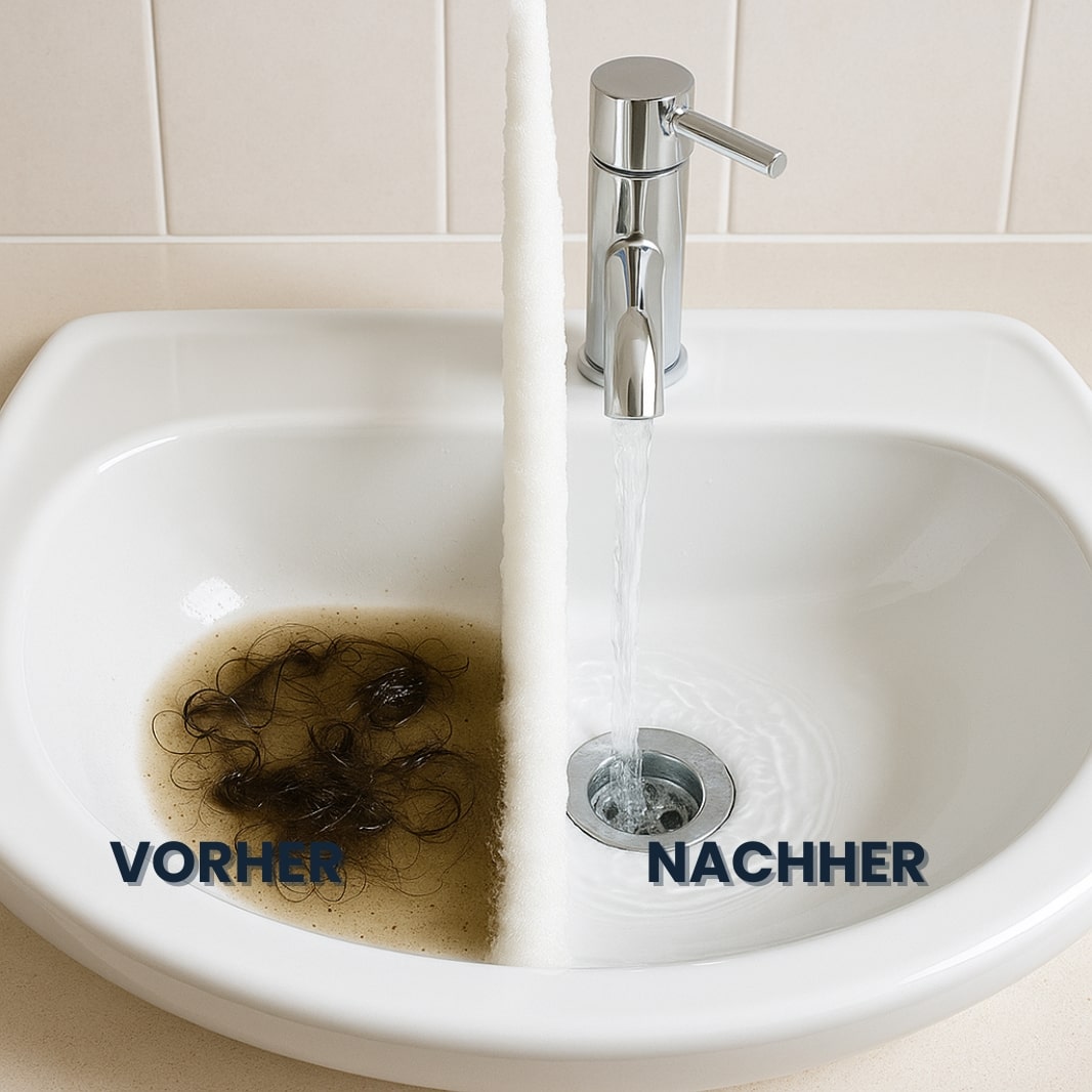 Verstopfter Abfluss mit Haaren und Schmutzwasser – nach Anwendung von Drain Pearls wieder sauber und frei. Ideal für Waschbecken und Bad.