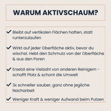 Infografik mit dem Titel „Warum Aktivschaum?“ und fünf Vorteilen von Magic Foam:

Bleibt auf vertikalen Flächen haften, statt runterzulaufen.

Wirkt auf jeder Oberfläche aktiv, bevor man wischt – hebt Schmutz von der Oberfläche und aus den Poren.

Ersetzt viele andere Reiniger – spart Platz und schont die Umwelt.

3x schneller sauber, ohne Nacharbeit.

Weniger Kraft- und Zeitaufwand beim Putzen.