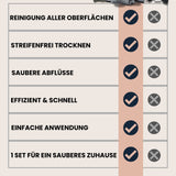 Vergleich zwischen dem LUFIP Kennenlern-Set und herkömmlichen Reinigern: LUFIP punktet mit streifenfreiem Trocknen, sauberem Abfluss, einfacher Anwendung und kompletter Haushaltslösung in einem Set – im Gegensatz zu klassischen Reinigungsflaschen.