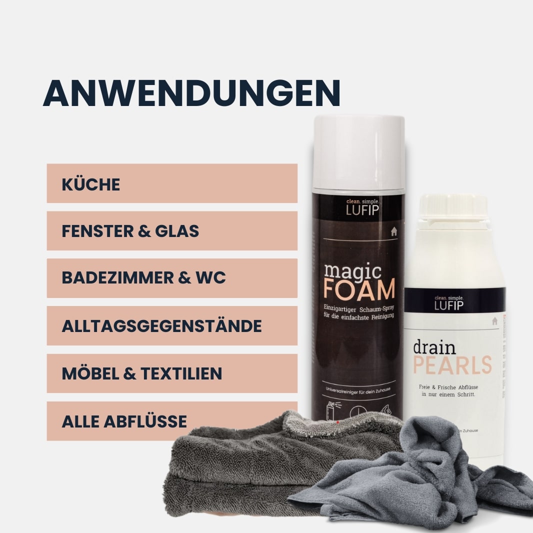 Spare Zeit, Geld und Aufwand:
Mit nur einem Set reinigst du dein Zuhause gründlich, streifenfrei und ohne Schrubben – und befreist zusätzlich deine Abflüsse. Effektiv, vielseitig, und perfekt zum Ausprobieren.
