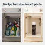 Vergleich im Haushalt: Viele verschiedene Reinigungsmittel versus ein Magic Foam Universalreiniger. Eine Dose ersetzt mehrere Produkte für Küche, Bad und Glas.