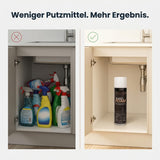 Vergleich im Haushalt: Viele verschiedene Reinigungsmittel versus ein Magic Foam Universalreiniger. Eine Dose ersetzt mehrere Produkte für Küche, Bad und Glas.