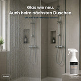 Duschkabine vorher mit Kalkflecken und nachher sauber dank Calc Buster Kalkreiniger mit Anti-Kalk-Memory für klaren Glanz