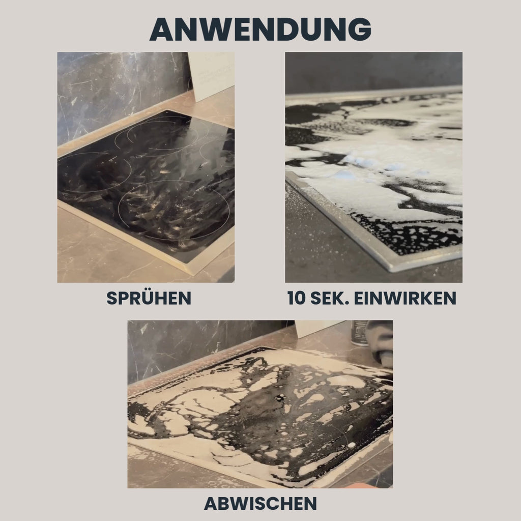 Video zeigt die Anwendung von Magic Foam, einem leistungsstarken Reinigungsschaum von LUFIP, der Schmutz, Fett und Öl mühelos entfernt. Vorher-Nachher-Aufnahmen demonstrieren die streifenfreie Reinigung von Glasflächen und Kochfeldern.